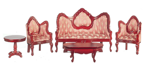 Victorian Living Room Set, 5 pc., Red, Mahogany